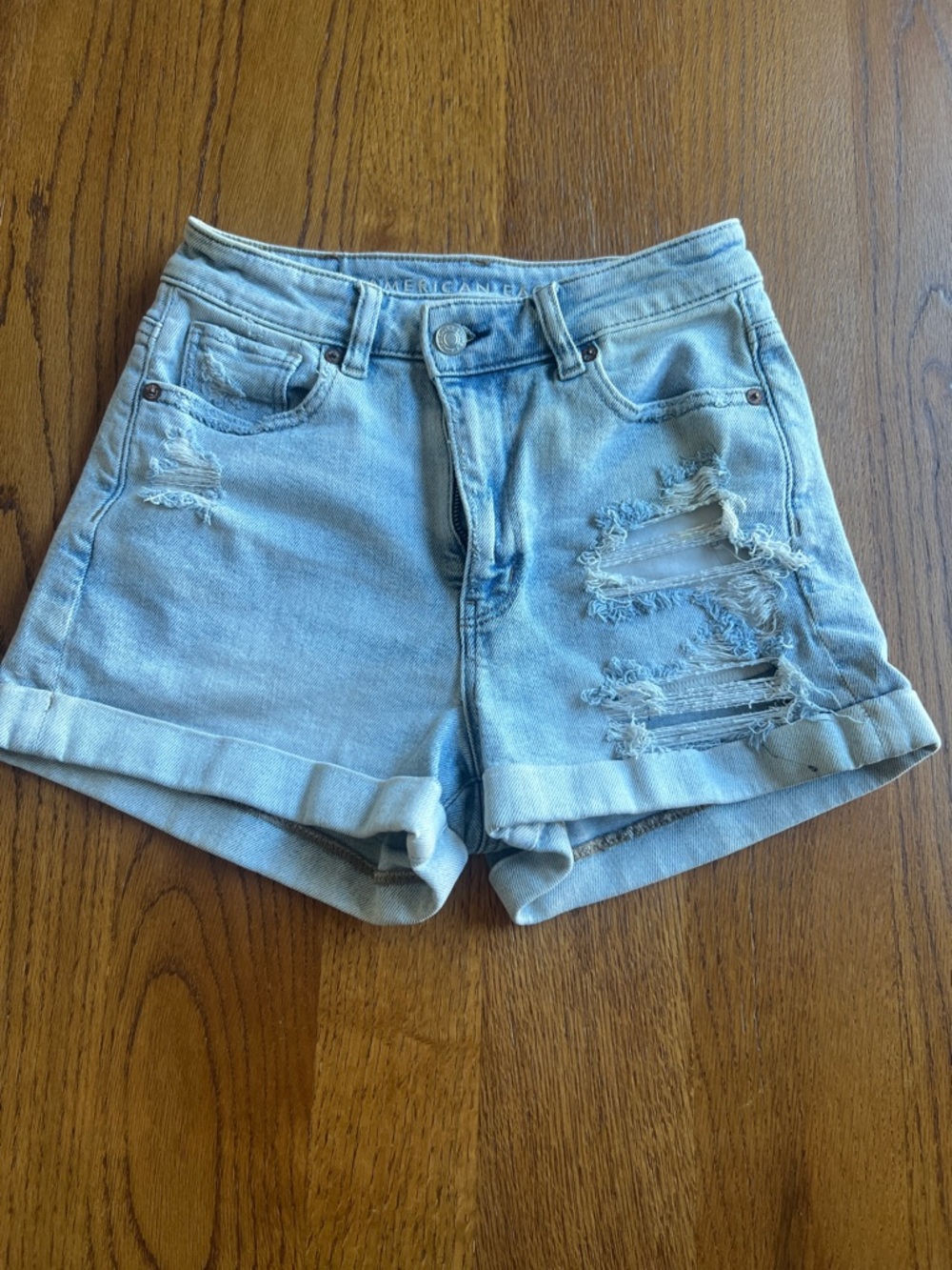 American Eagle Outfitters Light Blue Distressed Roll-Hem Denim Shorts